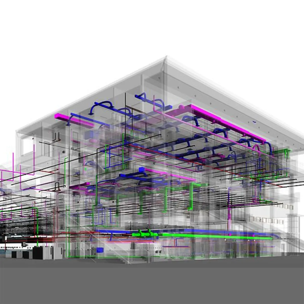 A detailed 3D laser scanning model of a building, showcasing intricate MEP (Mechanical, Electrical, and Plumbing) layouts with colorful digital overlays. Prime Edge Technical Services LLC provides advanced 3D laser scanning solutions for precise construction planning and design accuracy