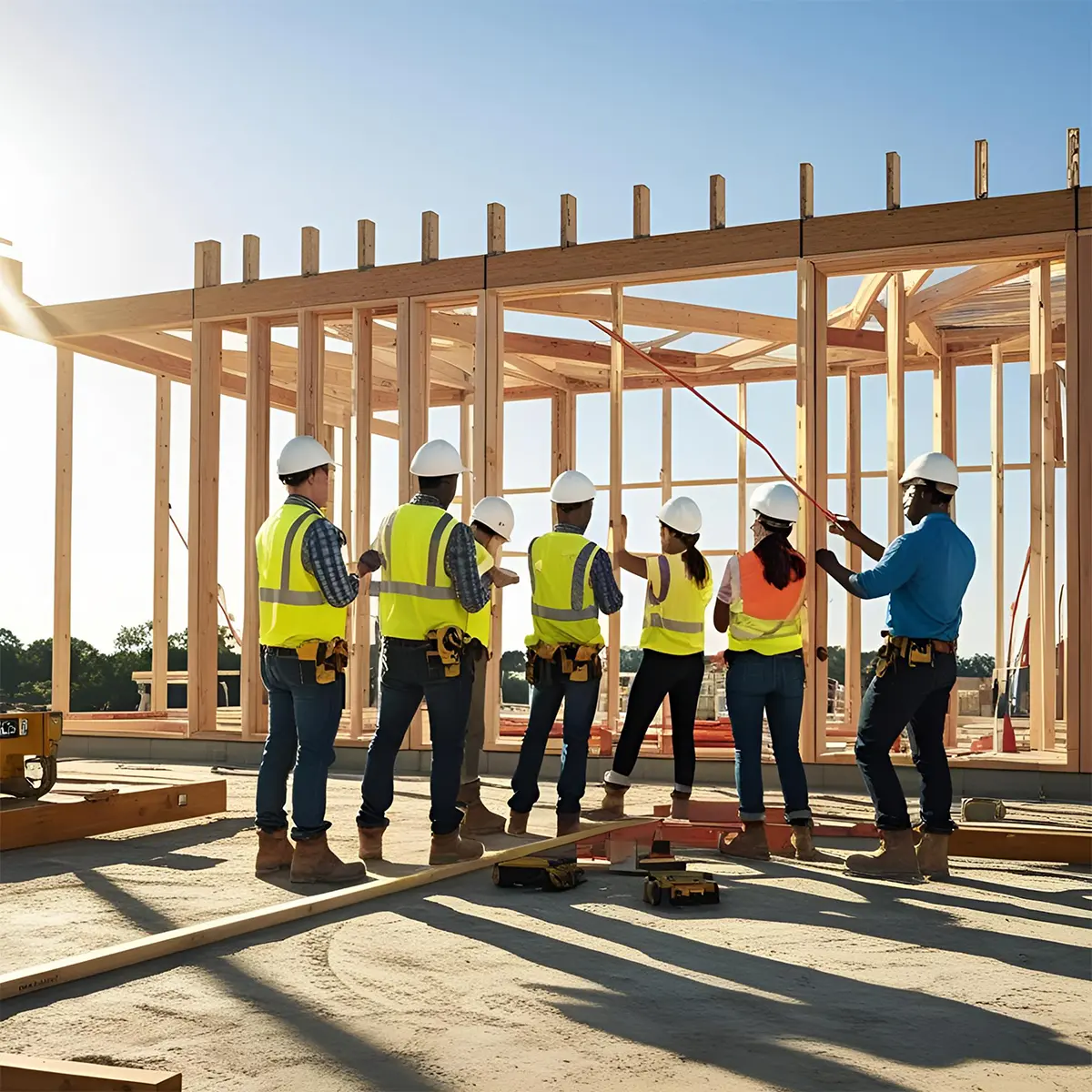 A team of construction professionals from Prime Edge Technical Services LLC, wearing safety gear and high-visibility vests, conducts a Building Survey at an active construction site. They are inspecting and assessing the wooden framework of a new structure under bright daylight.