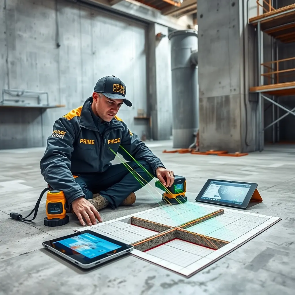 A team of construction professionals from Prime Edge Technical Services LLC, wearing safety gear and high-visibility vests, conducts a Building Survey at an active construction site. They are inspecting and assessing the wooden framework of a new structure under bright daylight.
