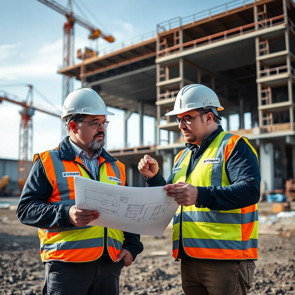 A large-scale construction site with cranes, scaffolding, and concrete structures in progress. Steel reinforcements and building materials are arranged, showcasing the industrial construction process. Prime Edge Technical Services LLC ensures precise construction survey solutions for efficient project execution.