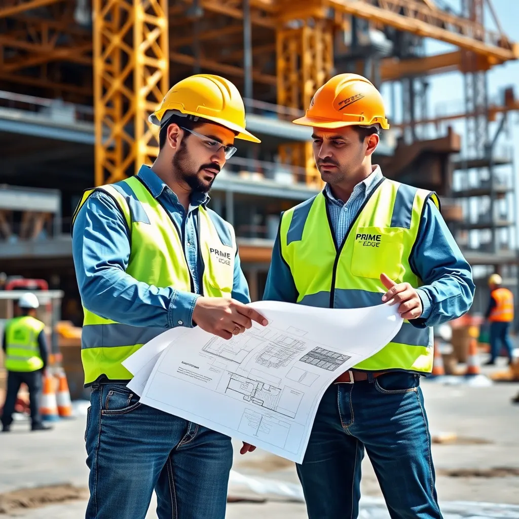 A large-scale construction site with cranes, scaffolding, and concrete structures in progress. Steel reinforcements and building materials are arranged, showcasing the industrial construction process. Prime Edge Technical Services LLC ensures precise construction survey solutions for efficient project execution.