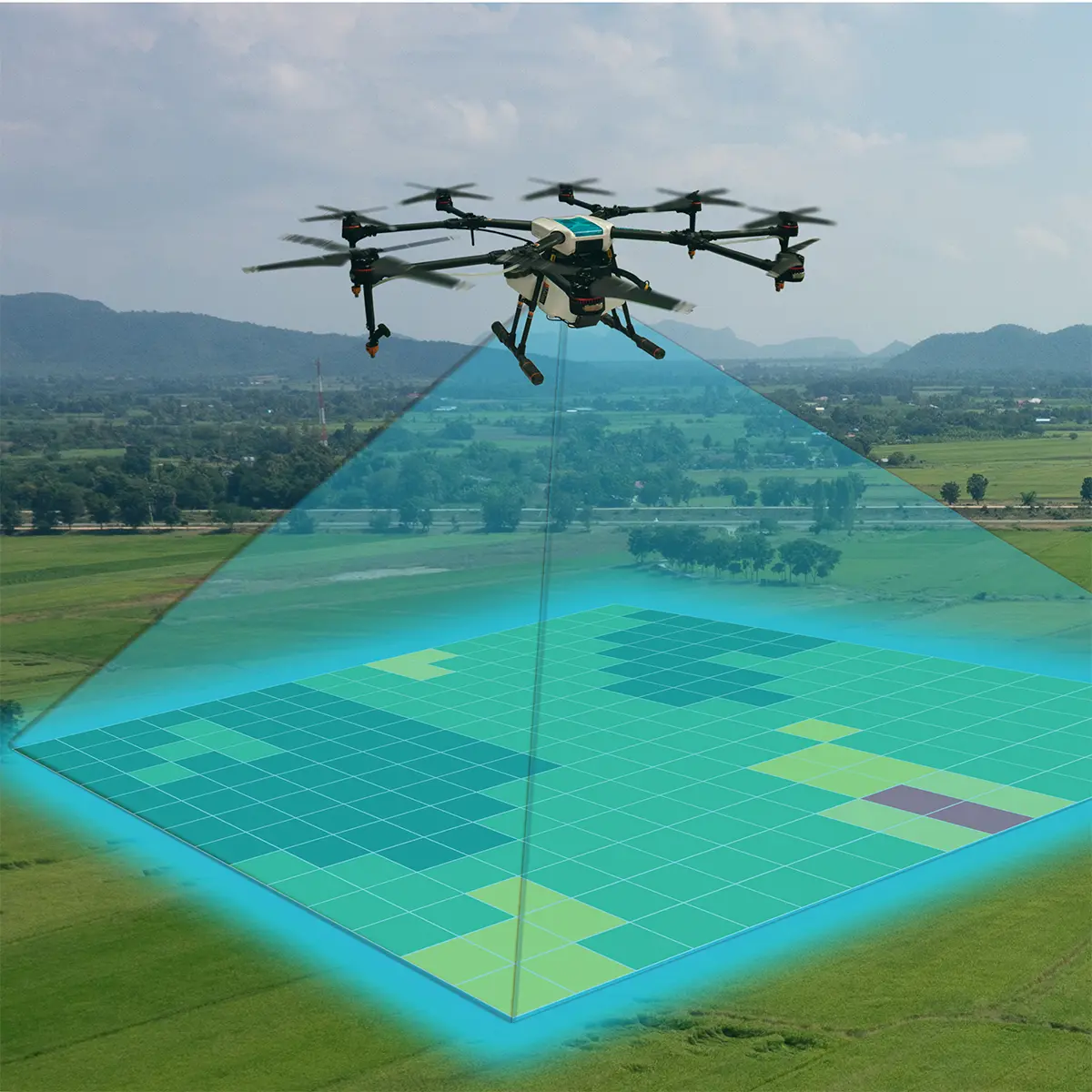 A drone flies above a field, conducting a mapping survey for Prime Edge Technical Services LLC.