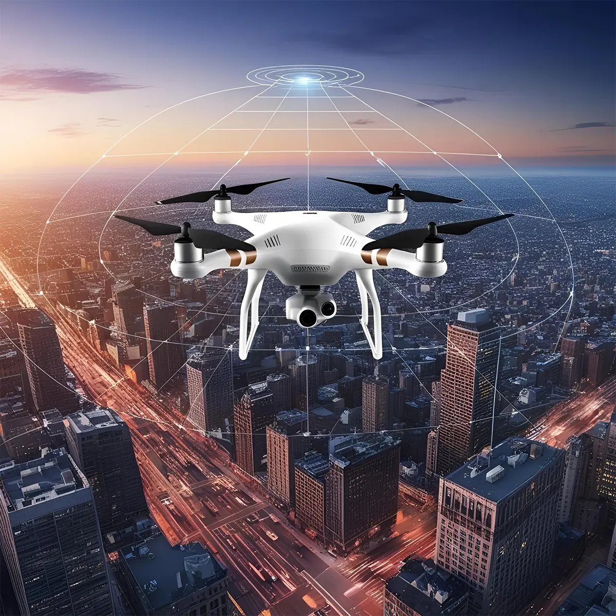 A drone flies above a field, conducting a mapping survey for Prime Edge Technical Services LLC.