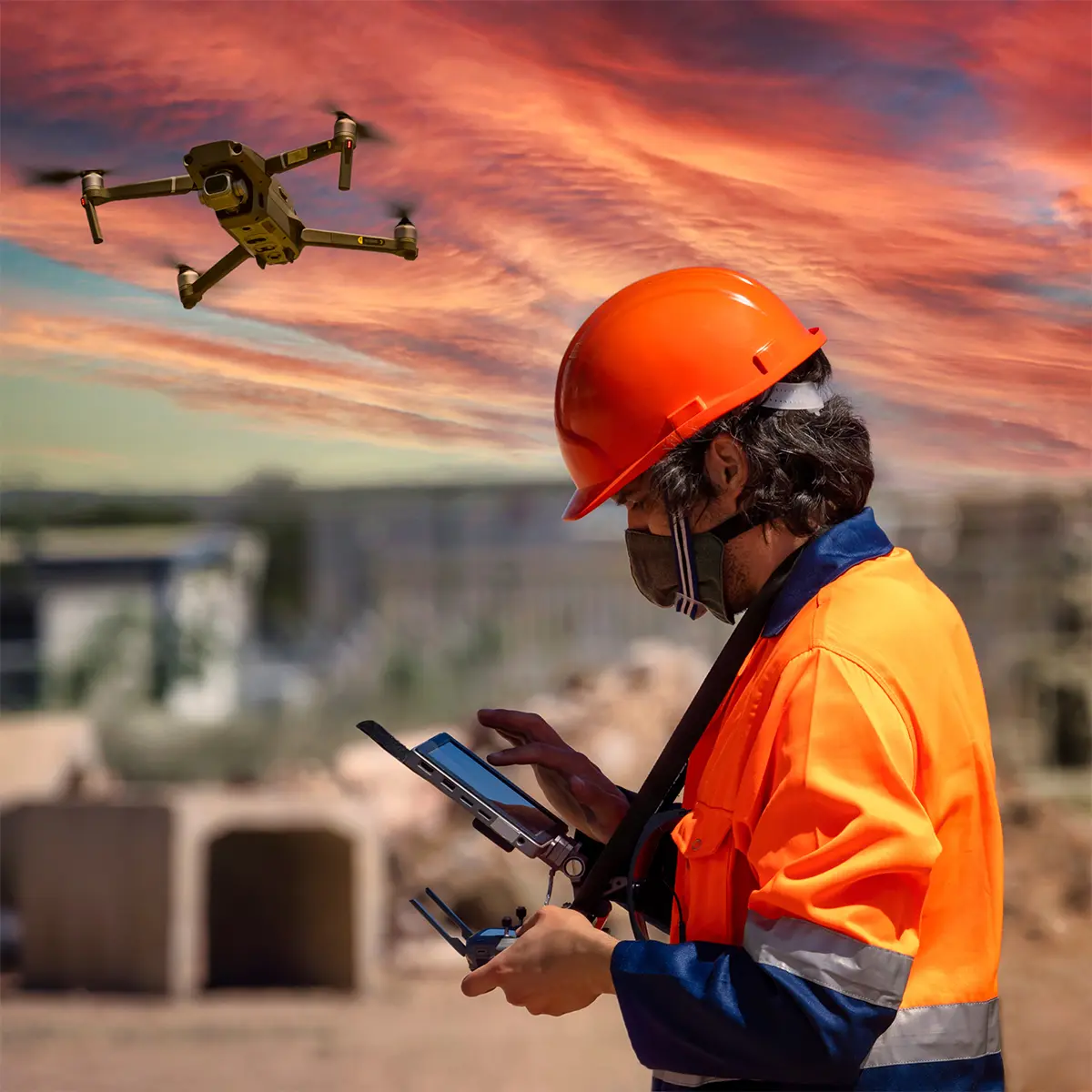 A construction worker from Prime Edge Technical Services LLC, wearing an orange safety helmet and high-visibility jacket, operates a drone for a Drone Mapping Survey at a construction site during sunset. The drone hovers in the air, capturing aerial data for site analysis.