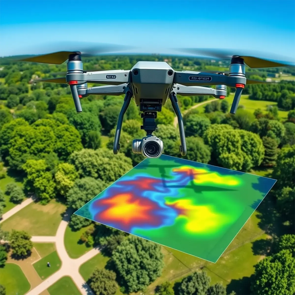 A drone flies above a field, conducting a mapping survey for Prime Edge Technical Services LLC.
