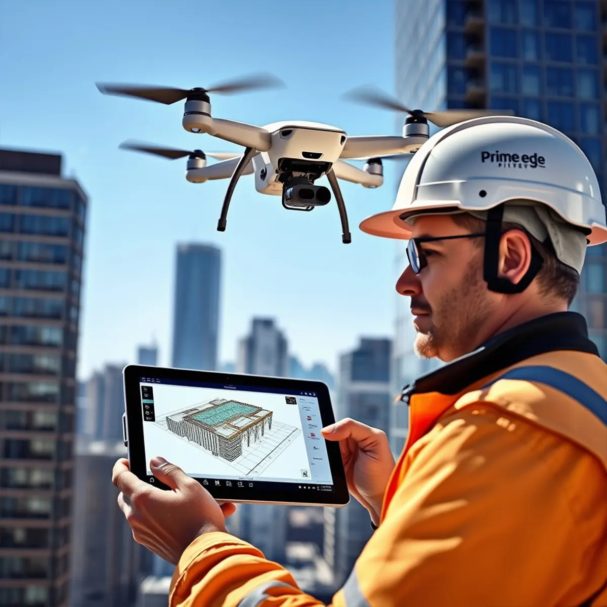 A drone flies above a field, conducting a mapping survey for Prime Edge Technical Services LLC.