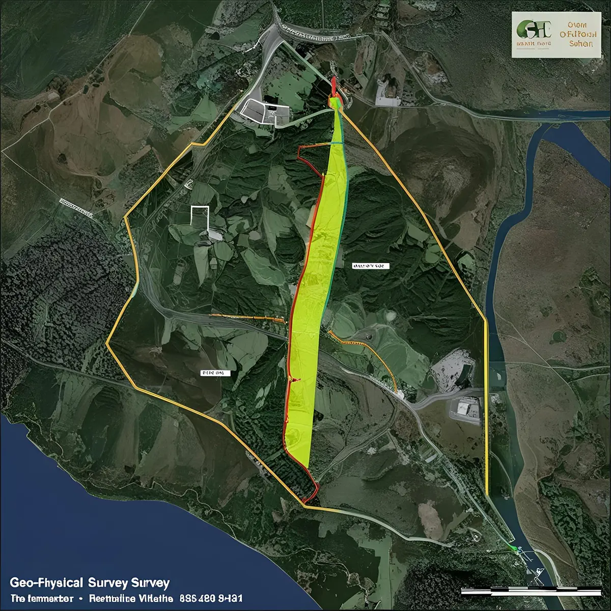 A satellite map displaying a Geophysical Survey area with highlighted zones for analysis. Prime Edge Technical Services LLC provides expert Geophysical Survey & MASW (Multichannel Analysis of Surface Waves) solutions for land assessment, construction planning, and subsurface evaluation.