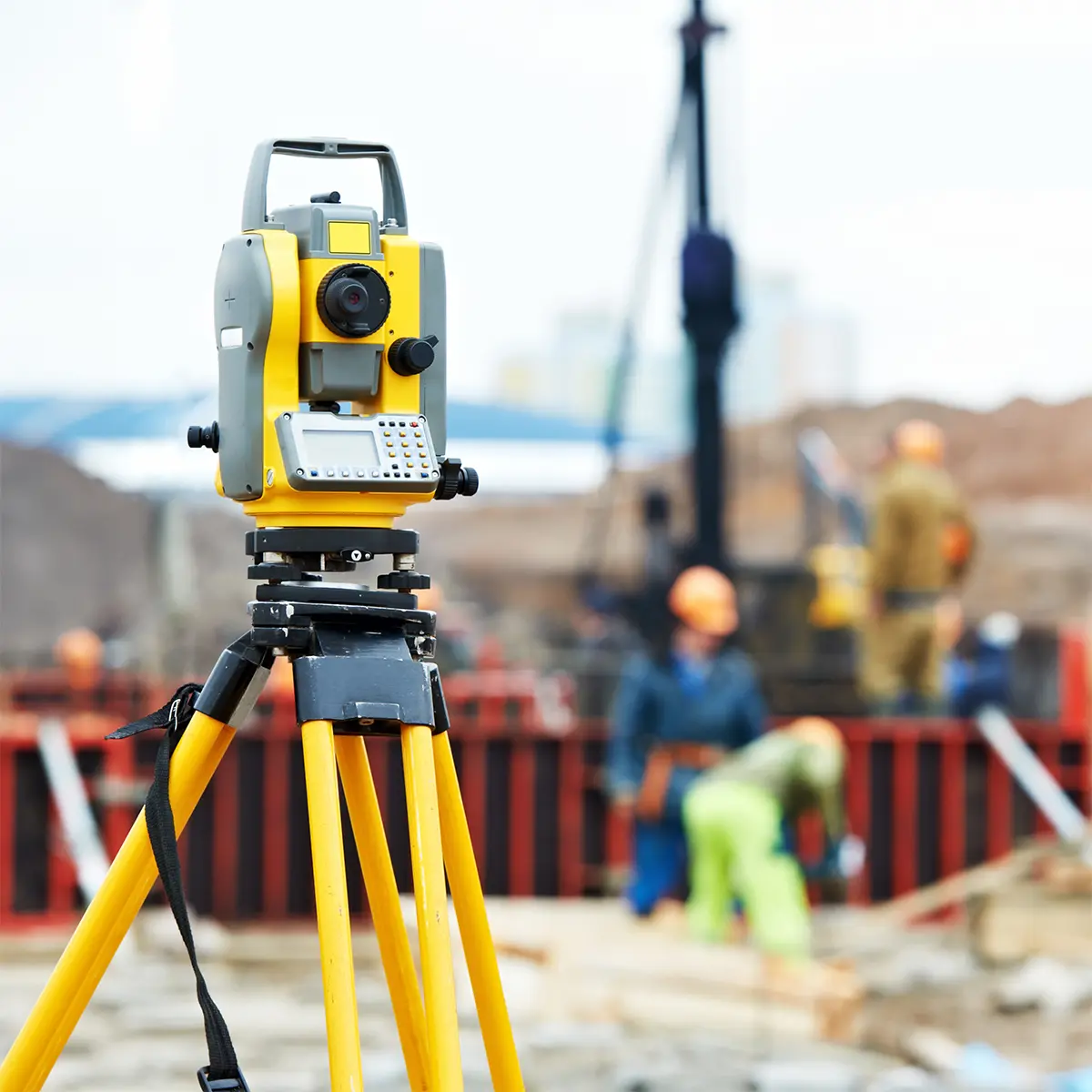 A professional land survey setup featuring a total station on a construction site. Prime Edge Technical Services LLC specializes in precise land surveying solutions for construction, infrastructure, and development projects.